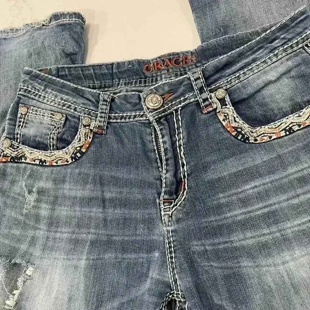 Grace in LA Bootcut Jeans Western Embroidered Rhinestone Distressed Women's 29 - Picture 4 of 10